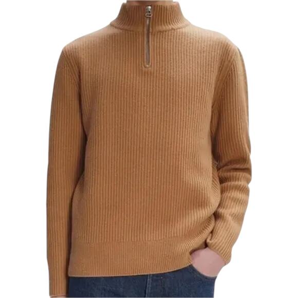 A.P.C. Alex Sweater Virgin Wool 1/4 Zip Ribbed High Neck Pullover Cab Camel L - Picture 1 of 5